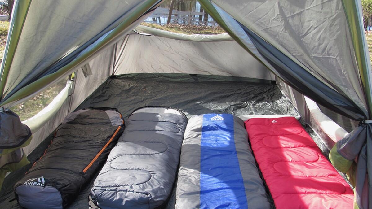 AirBag inflatable sleeping bag has a built in air mattress